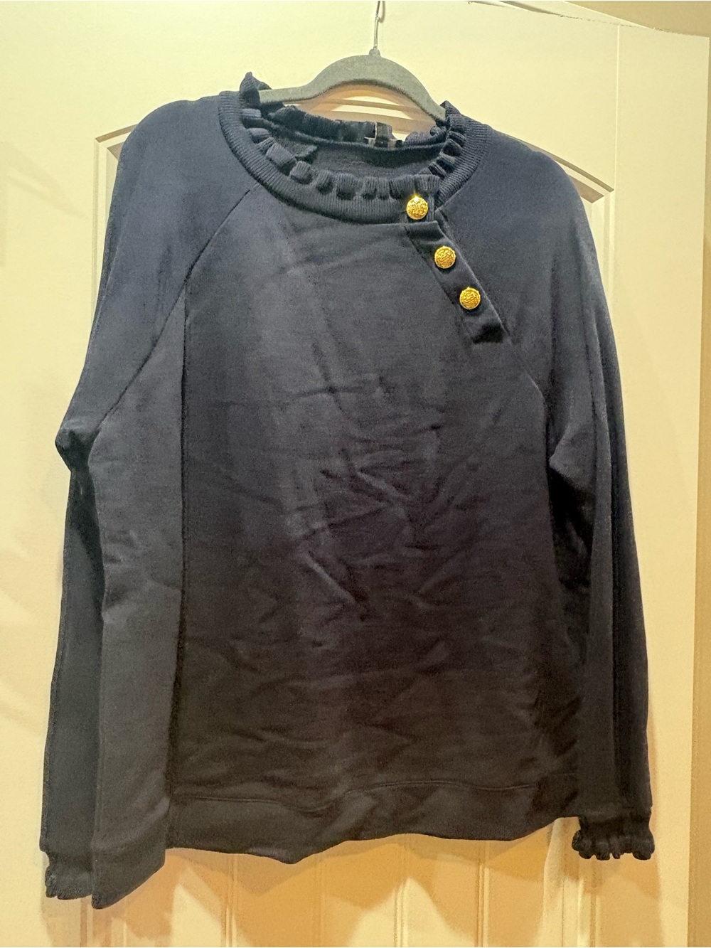 Talbots Navy Crewneck Sweater with Ruffle Trim and Gold Buttons